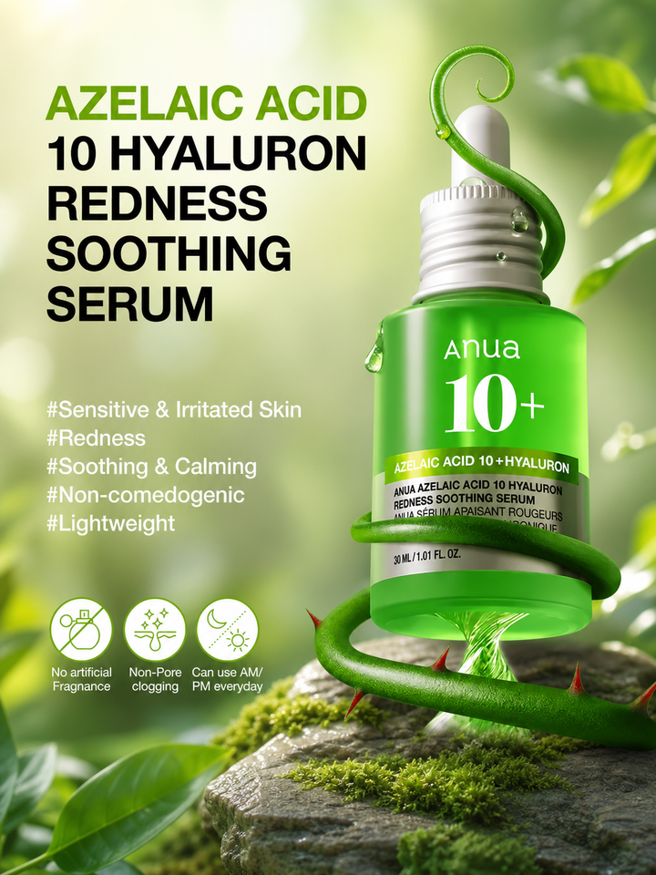 ANUA Azelaic Acid 10 Hyaluron Serum redness soothing result – non-comedogenic low-irritation K-Beauty
