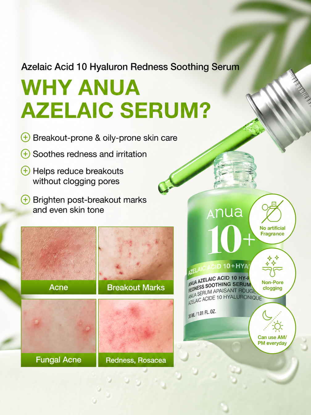 ANUA Azelaic Acid Serum natural green color texture – 10% AzA Gentle Calming Complex dropper serum