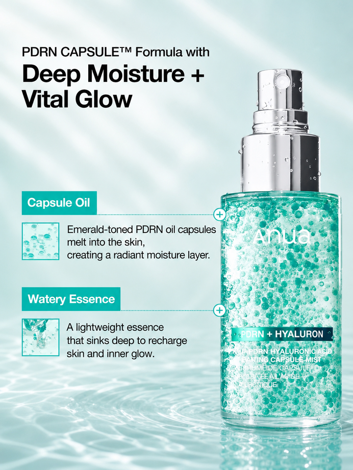 ANUA PDRN Capsule Mist spraying over makeup for glow finish without pilling
