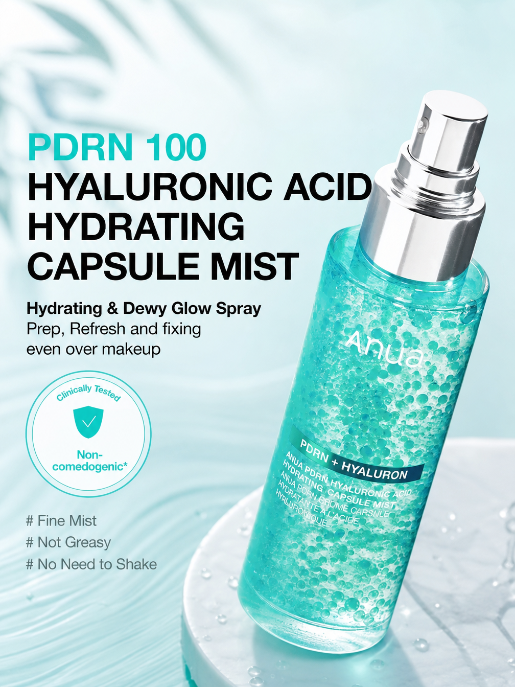 ANUA PDRN Hyaluronic Acid Capsule Mist non-comedogenic fragrance-free tested badges