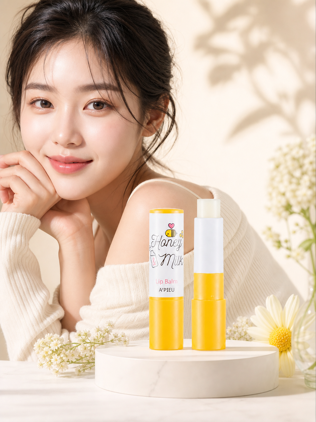 A'PIEU Honey & Milk Lip Balm 3.3g twist-up stick – K-Beauty daily lip moisturizer made in Korea