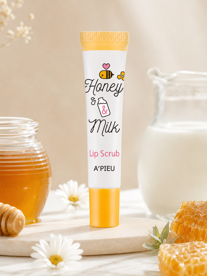 A'PIEU Honey Milk Lip Scrub results – smooth plump lips after walnut shell exfoliation K-Beauty