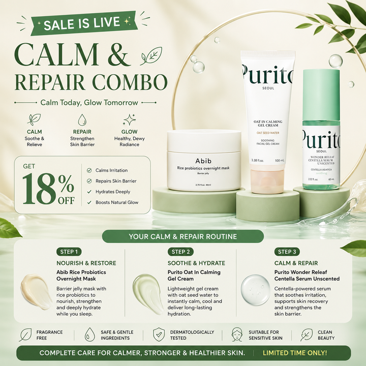 Calm and Repair Combo - Centella Serum + Calming Gel Cream + Overnight Mask - Fashnito