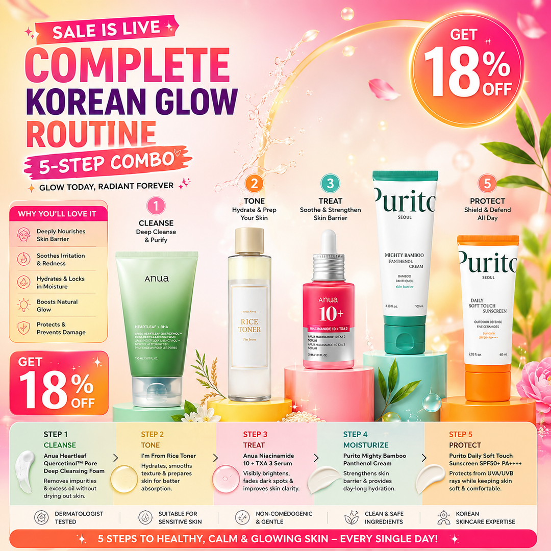 Complete Korean Glow Routine 5-Step Combo - Cleanser + Toner + Serum + Moisturizer + Sunscreen - Fashnito