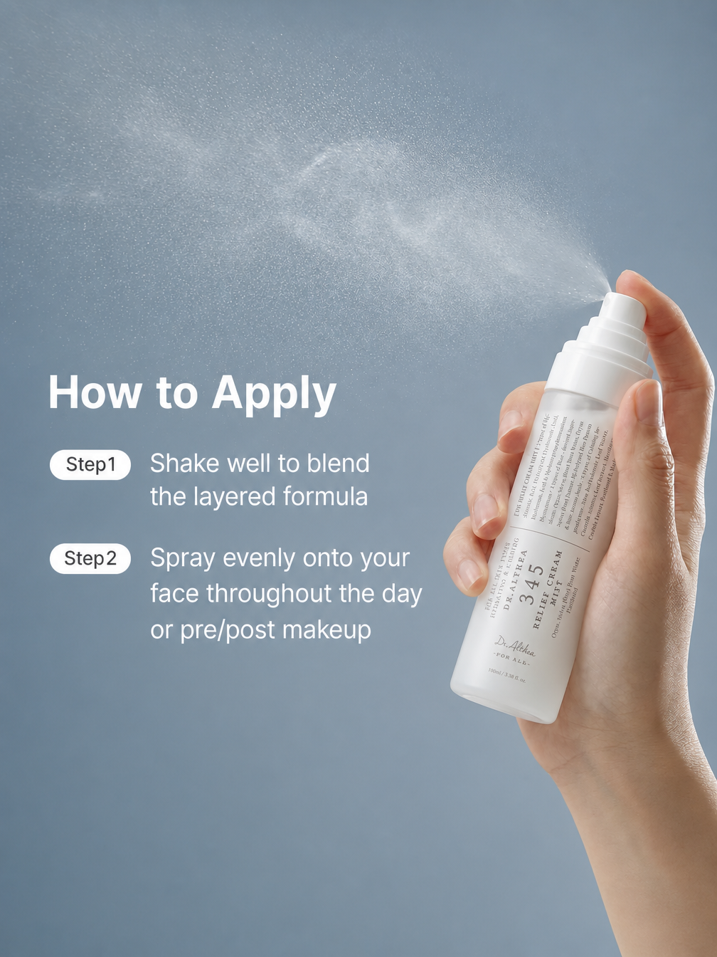 Dr. Althea 345 Relief Cream Mist ingredients – Panthenol 10,000ppm, triple HA, Madecassoside, 4 ferments