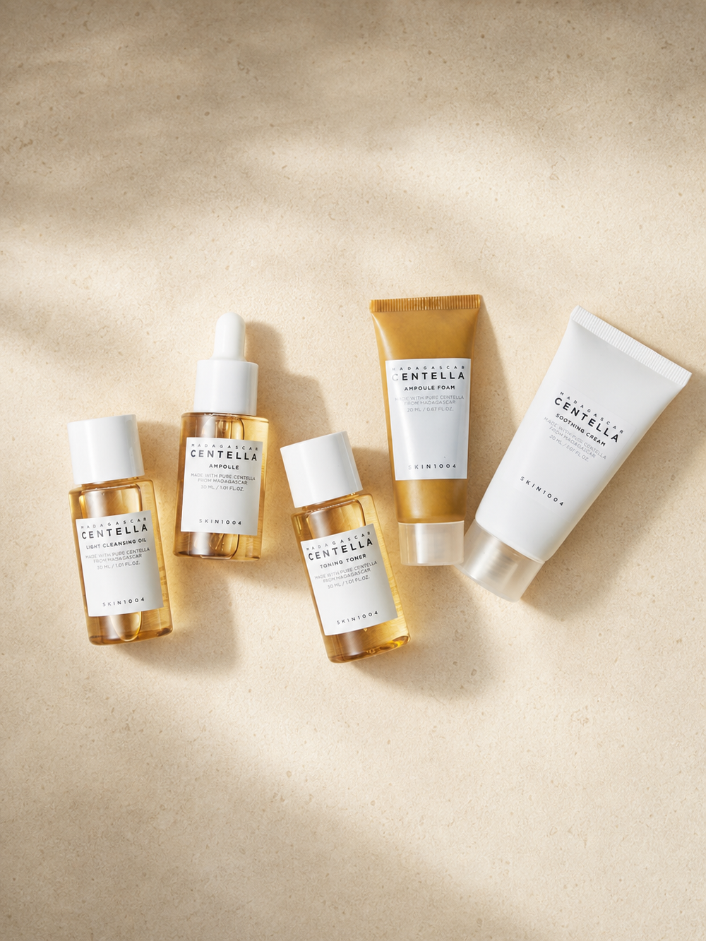SKIN1004 Centella Travel Kit contents – 30ml Cleansing Oil, 20ml Ampoule Foam, 30ml Toner, 30ml Ampoule, 30ml Soothing Cream